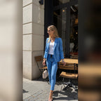 women's blazer set with drawstring trousers in blue