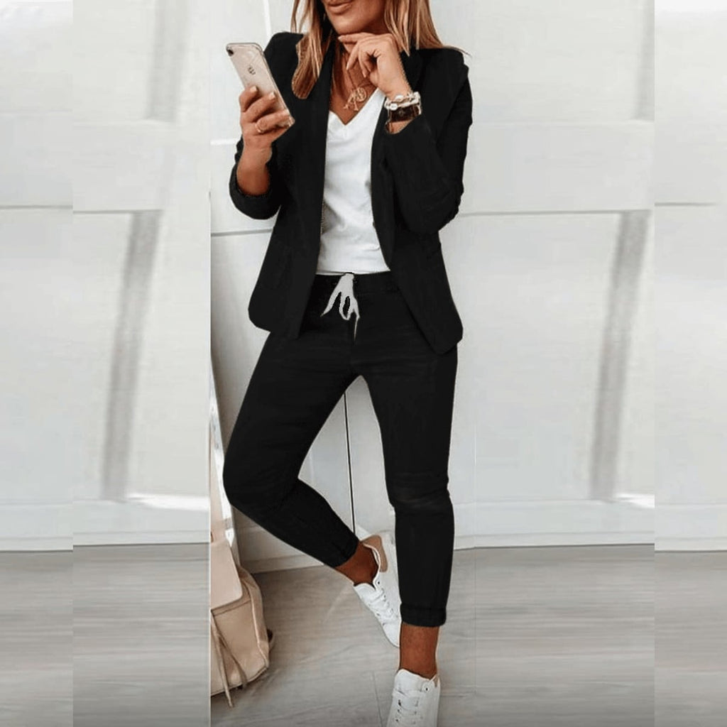 women's blazer set with drawstring trousers in black