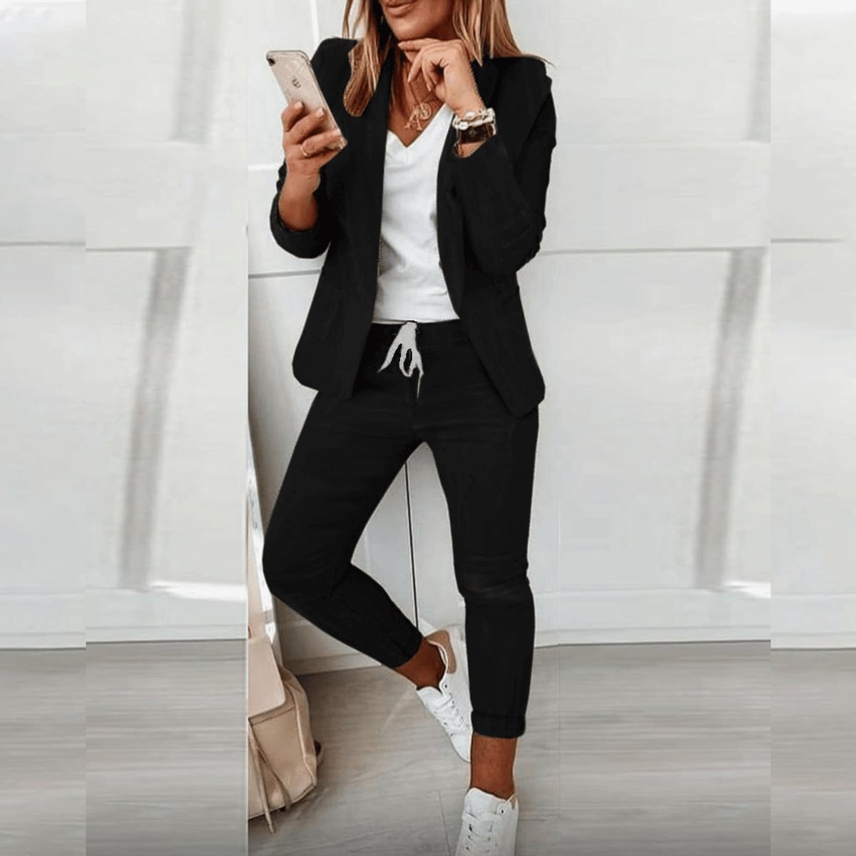 women's blazer set with drawstring trousers in black