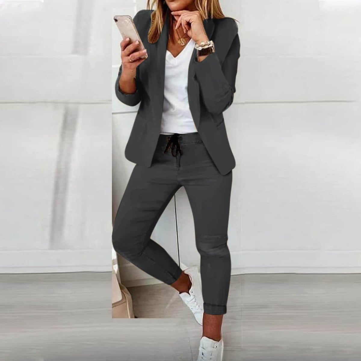women's blazer set with drawstring trousers in gray
