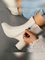 women's block heel ankle boots in beige