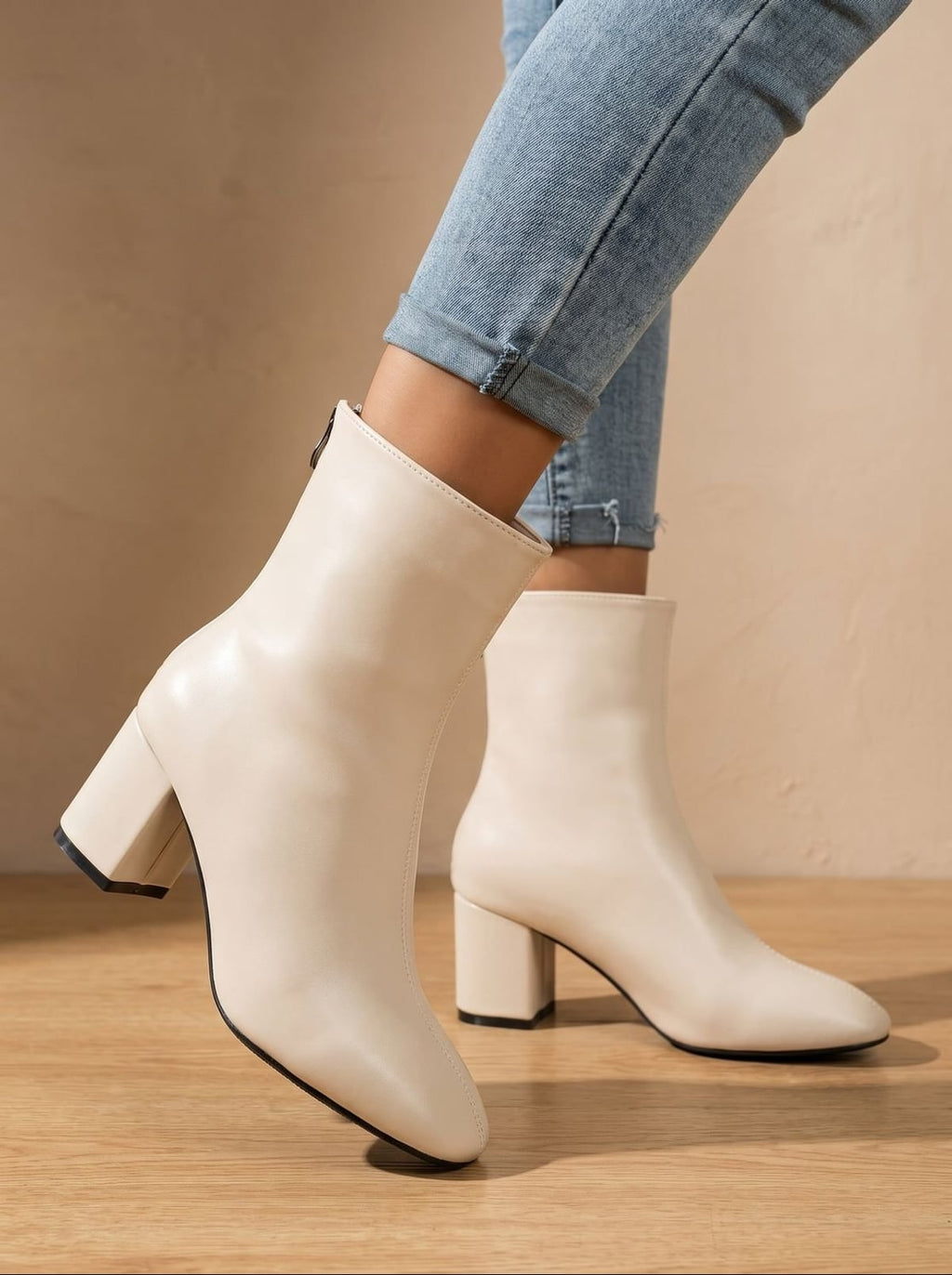 women's block heel ankle boots in beige