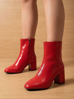 women's block heel ankle boots in red