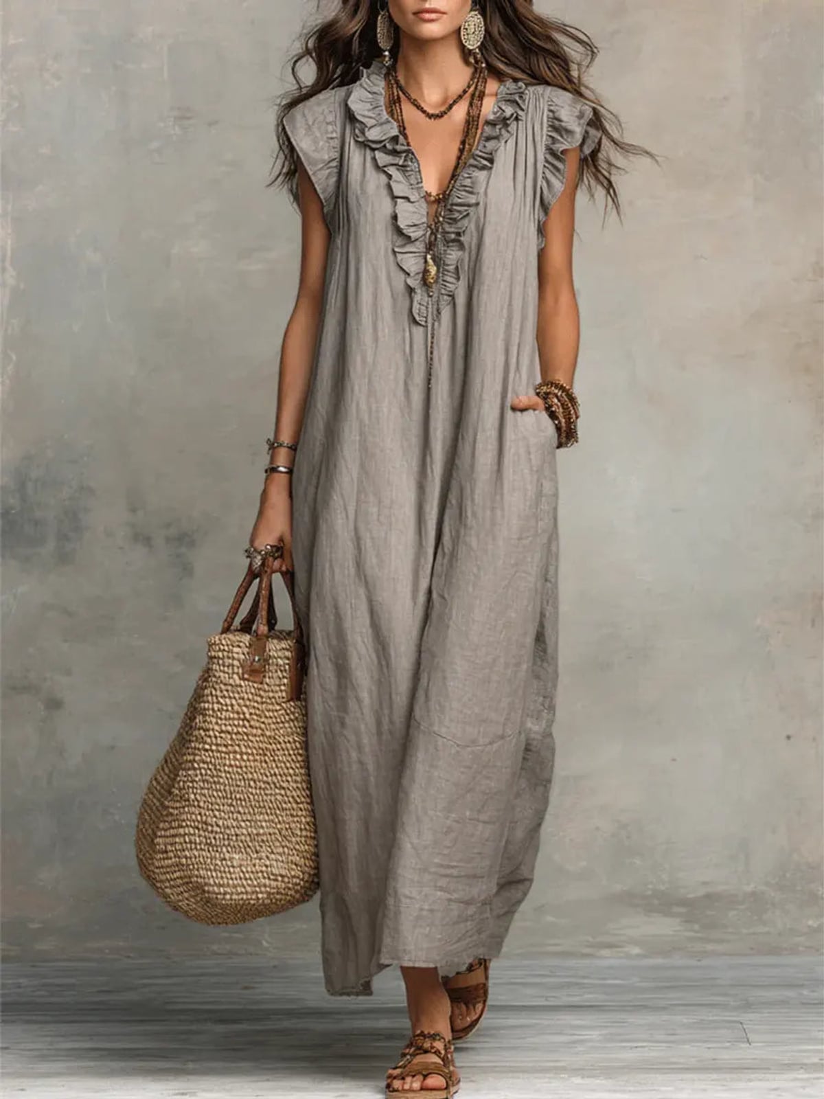 women's boho maxi dress with ruffle v-neck in gray