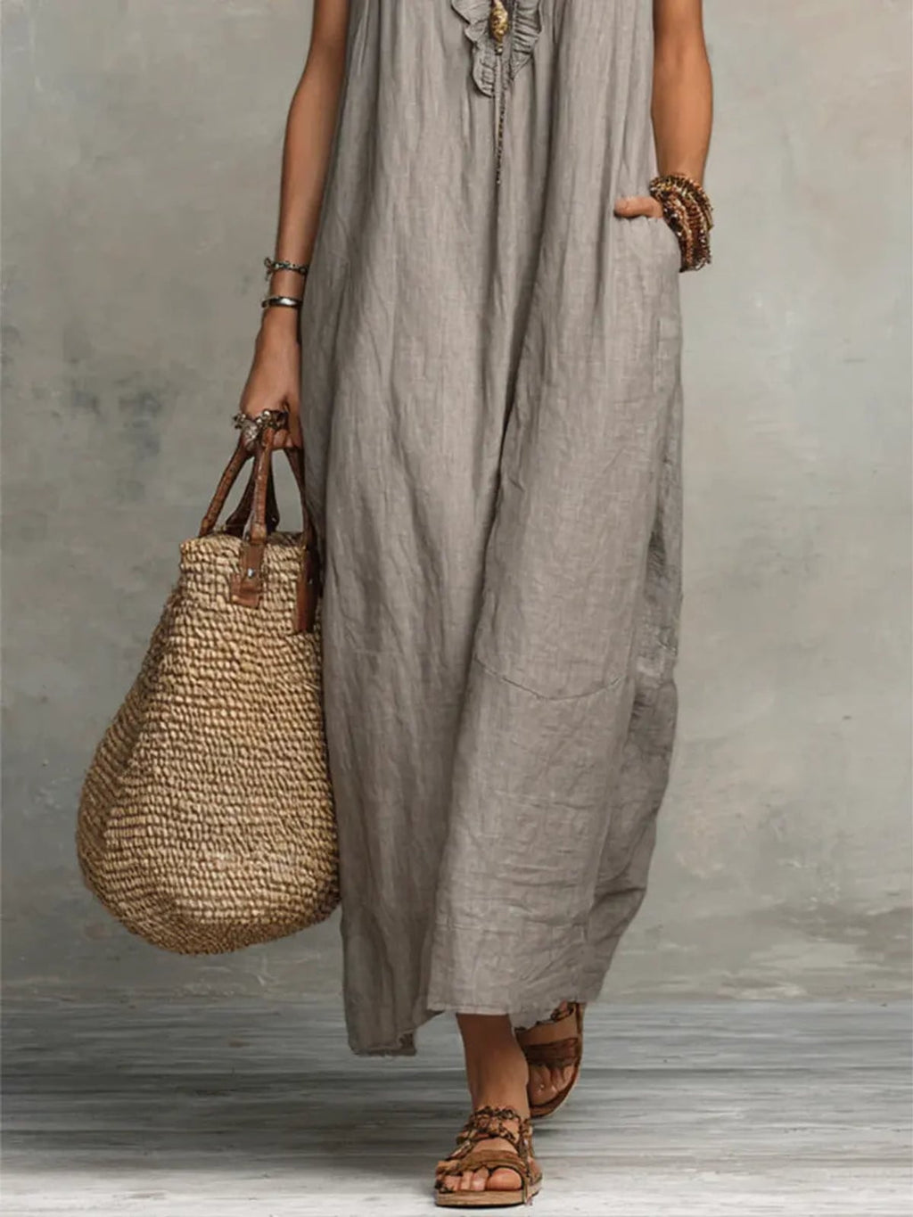 women's boho maxi dress with ruffle v-neck in gray