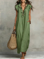 women's boho maxi dress with ruffle v-neck in green