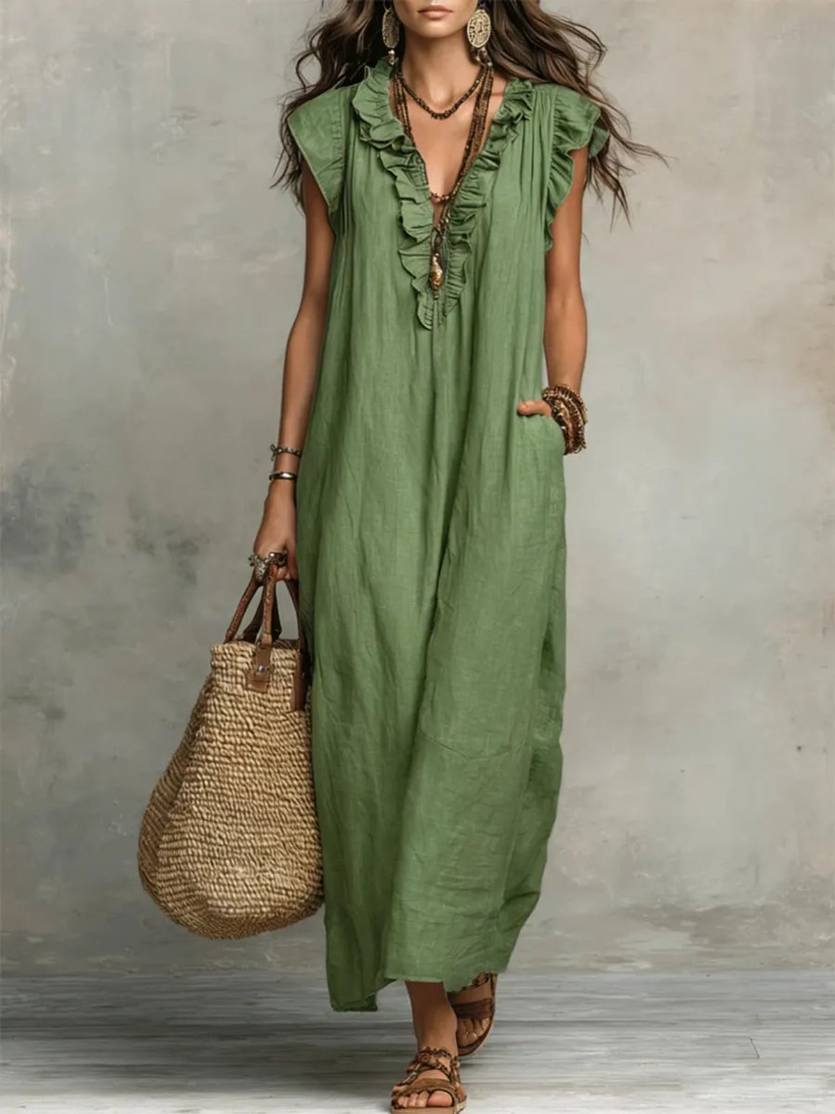 women's boho maxi dress with ruffle v-neck in green