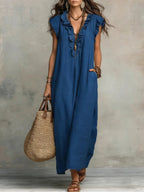 women's boho maxi dress with ruffle v-neck in blue