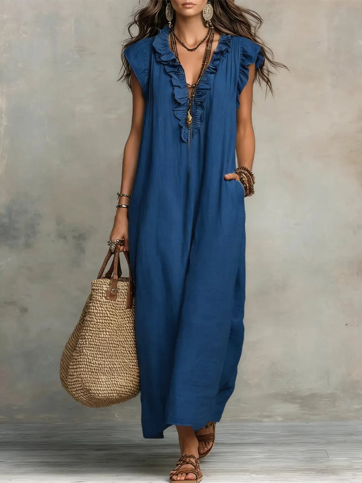 women's boho maxi dress with ruffle v-neck in blue