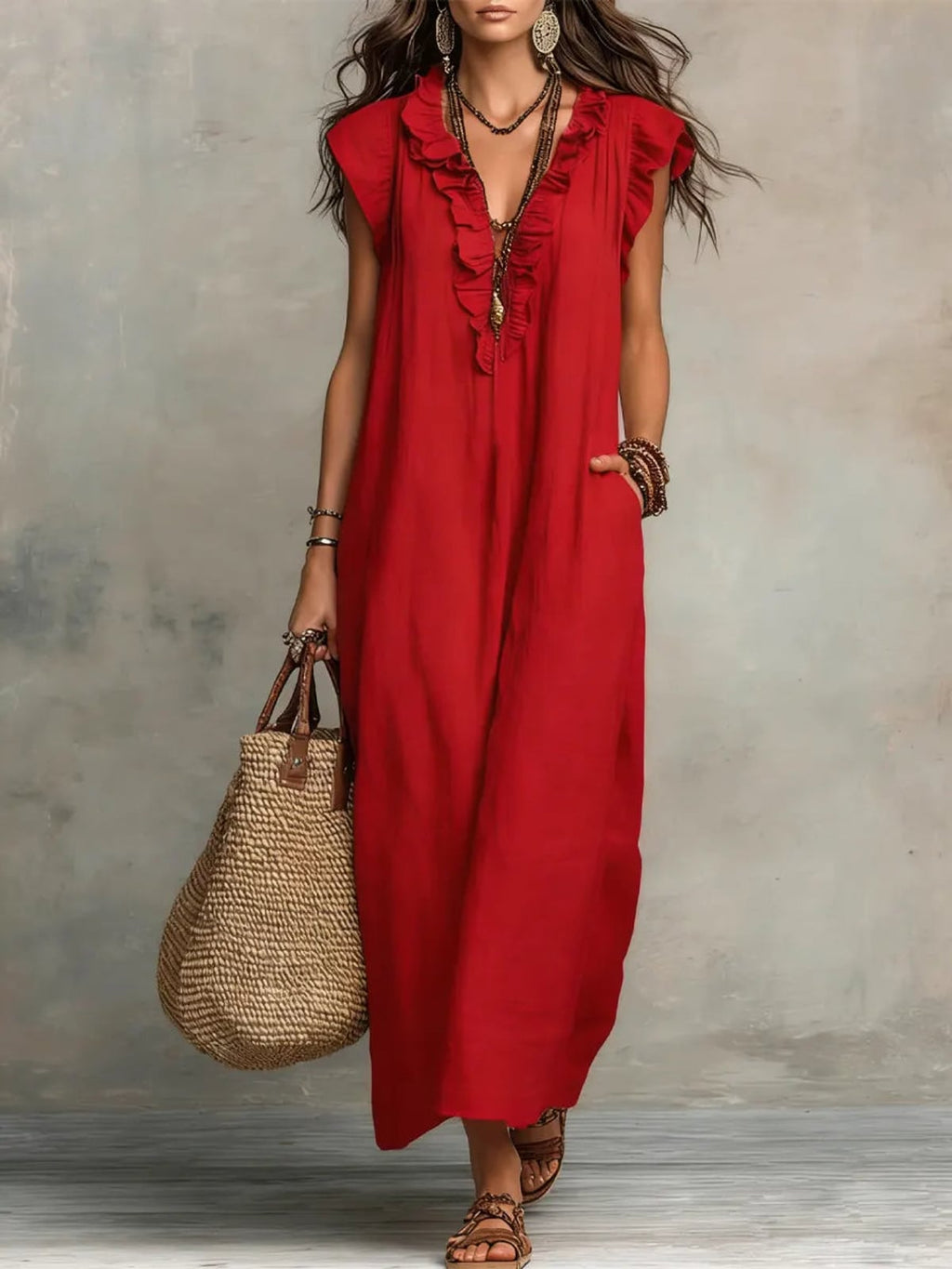 women's boho maxi dress with ruffle v-neck in red