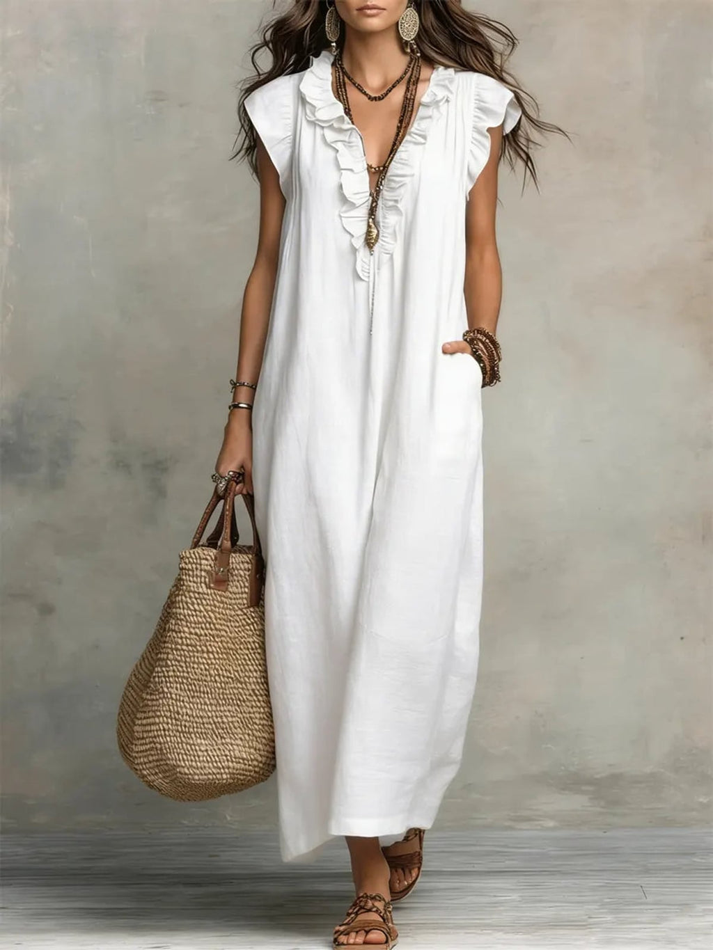 women's boho maxi dress with ruffle v-neck in white
