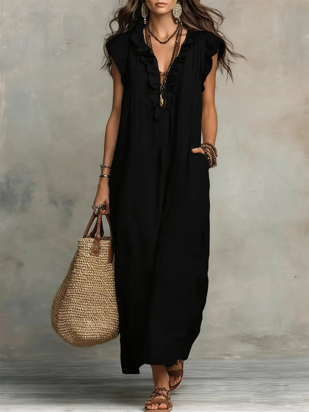 women's boho maxi dress with ruffle v-neck in black