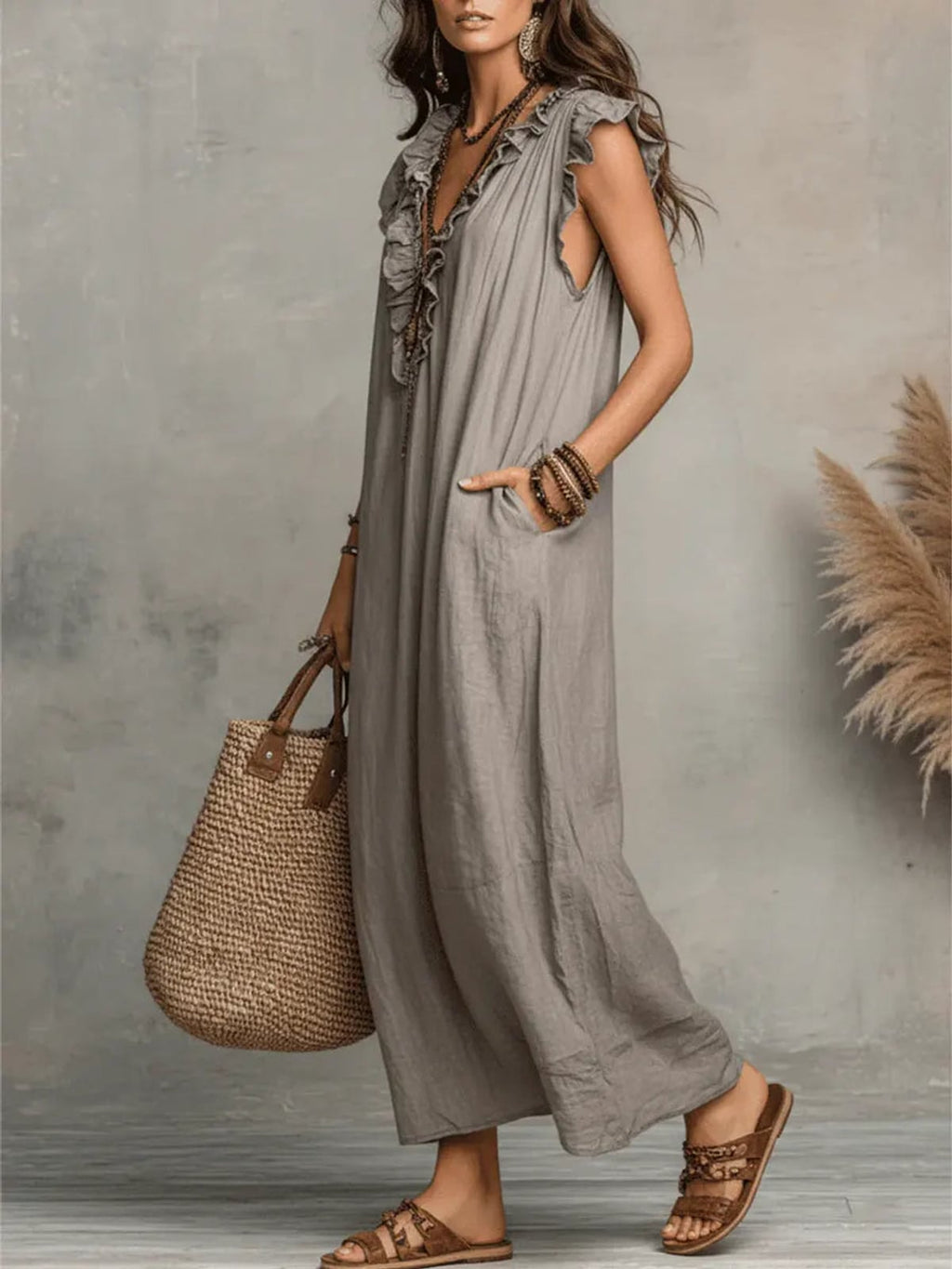 women's boho maxi dress with ruffle v-neck in gray