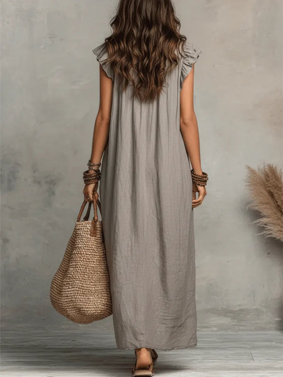 women's boho maxi dress with ruffle v-neck in gray
