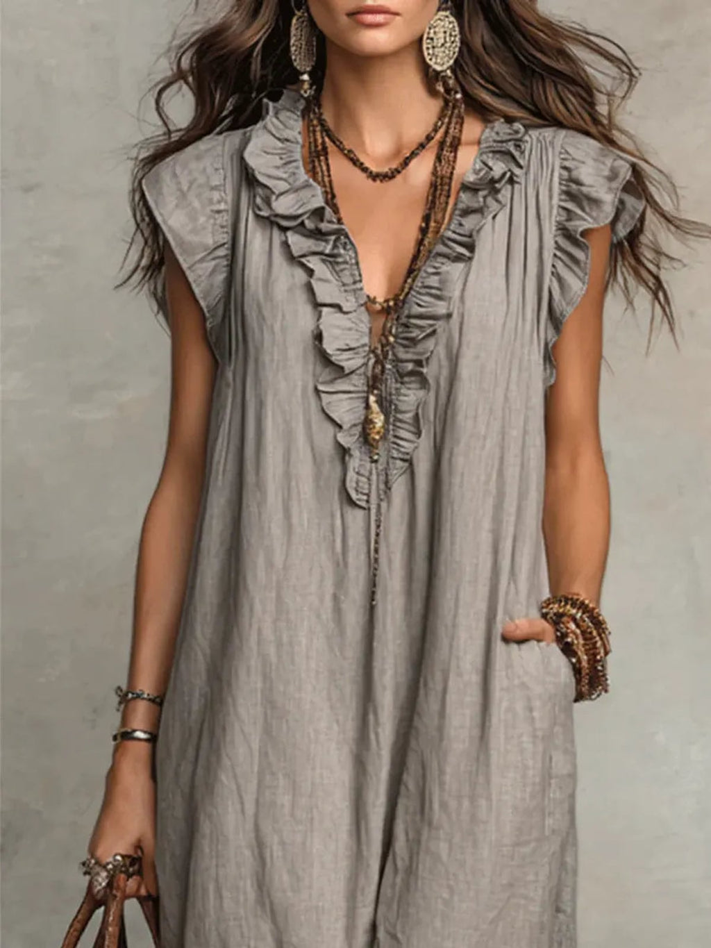 women's boho maxi dress with ruffle v-neck in gray