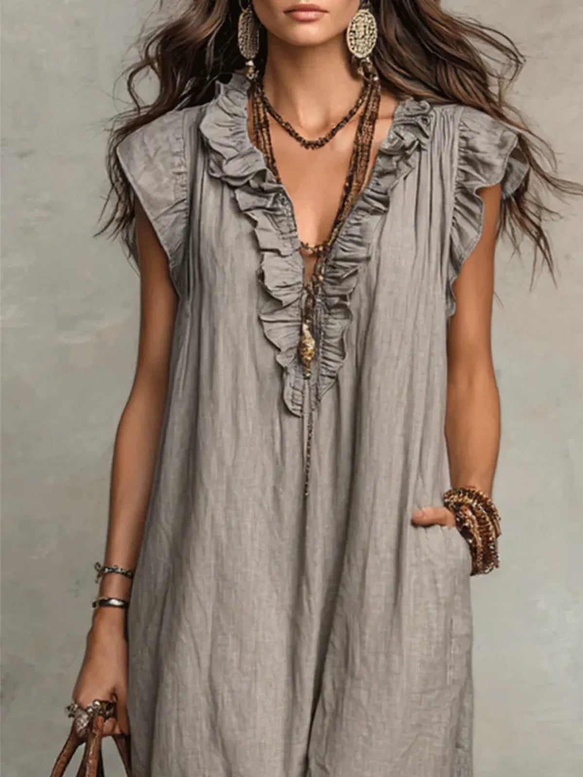 women's boho maxi dress with ruffle v-neck in gray