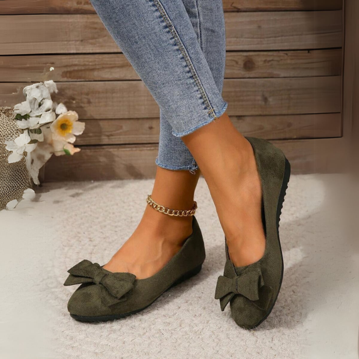 women's bow detail ballet flats in dark green