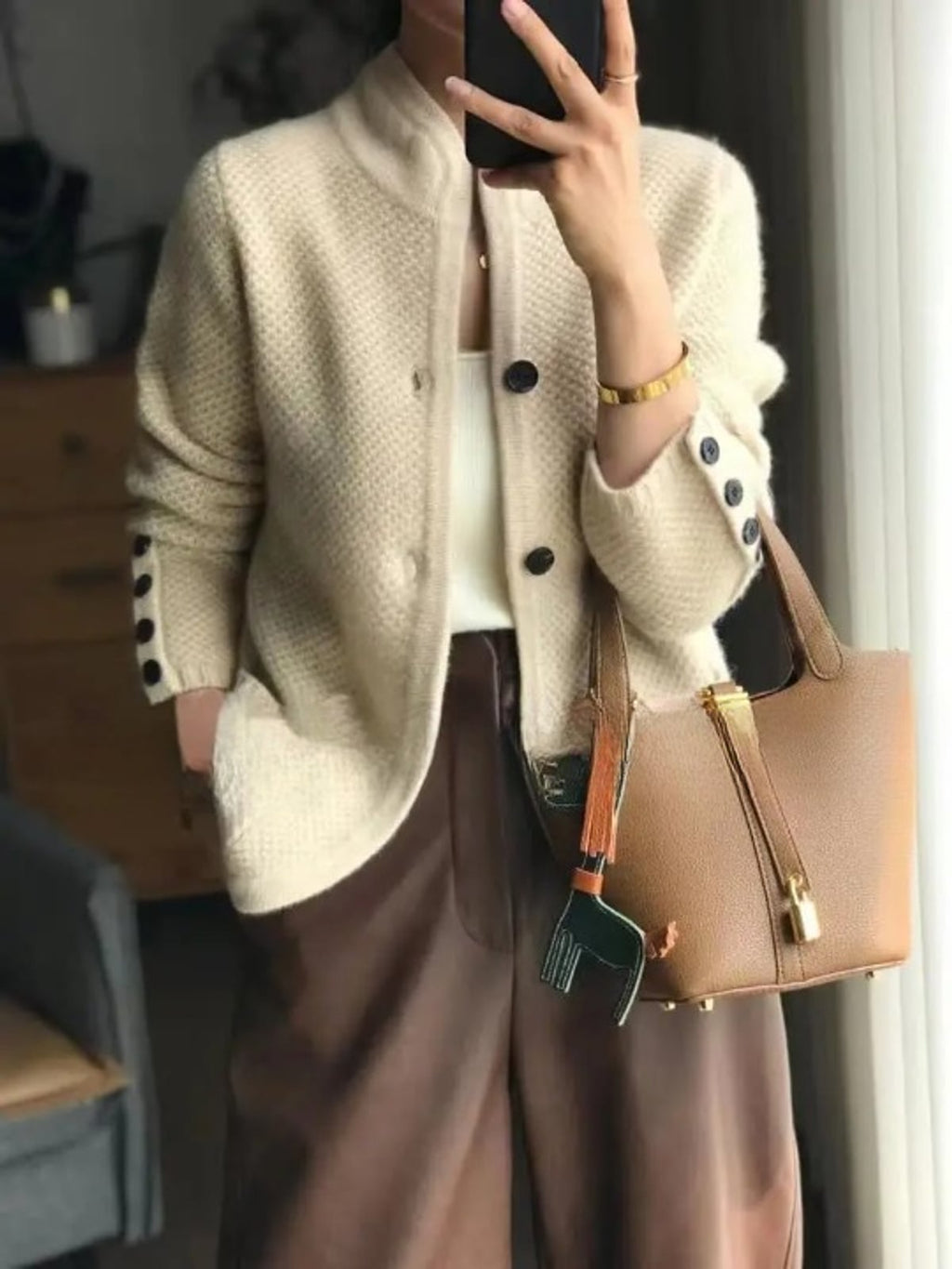 women's button-up knit cardigan sweater in beige