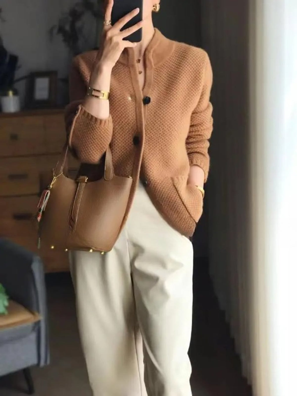 women's button-up knit cardigan sweater in brown
