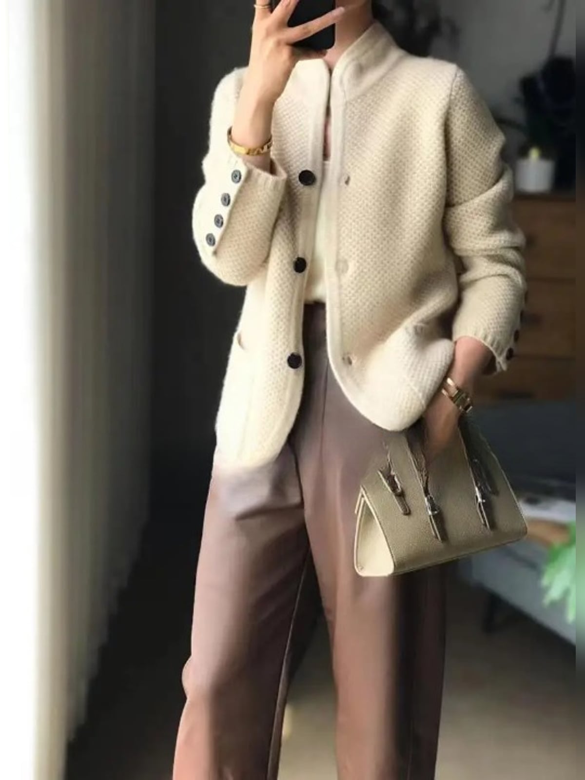 women's button-up knit cardigan sweater in beige