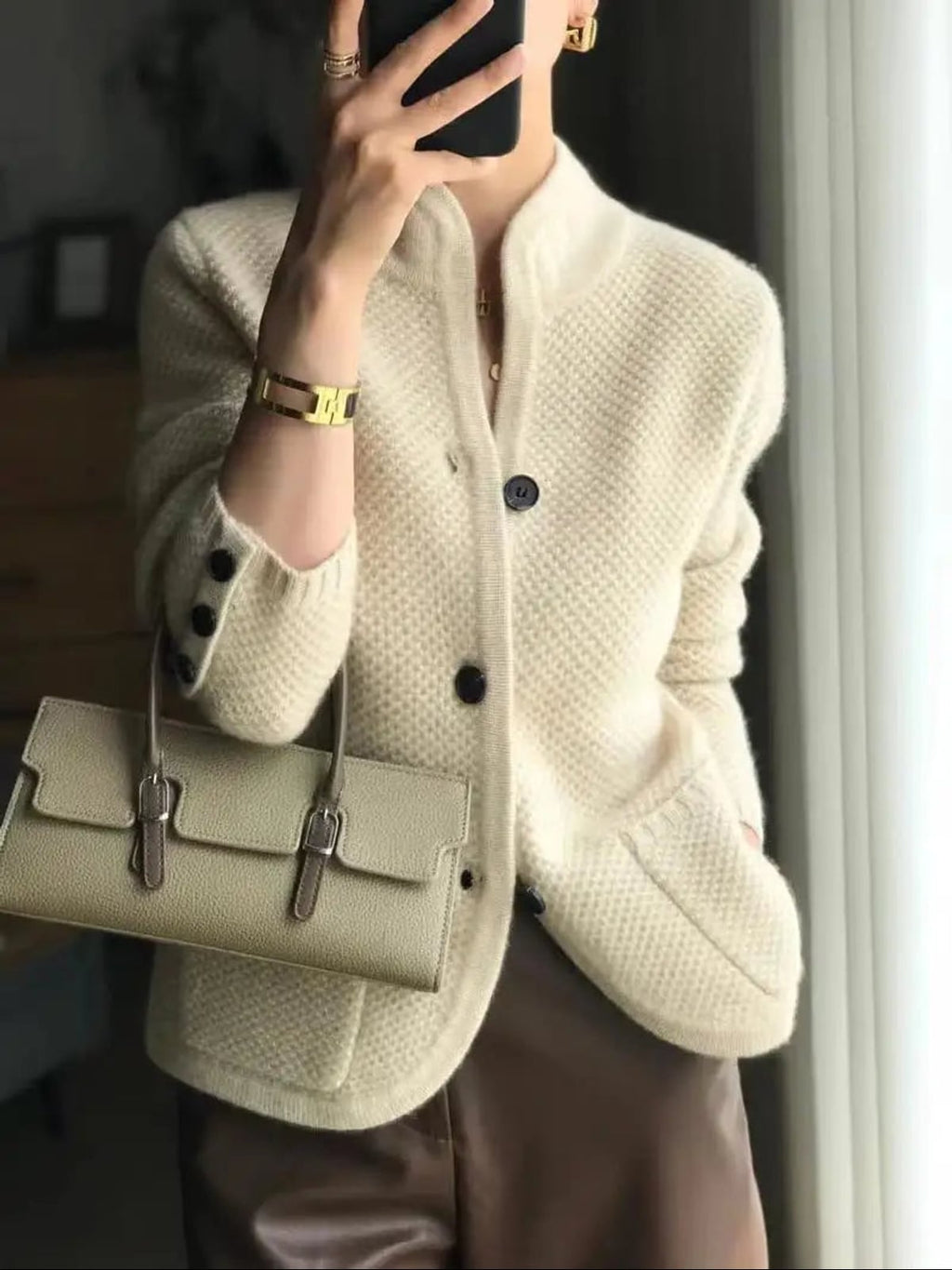 women's button-up knit cardigan sweater in beige