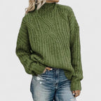 women's cable knit mock neck pullover sweater in green