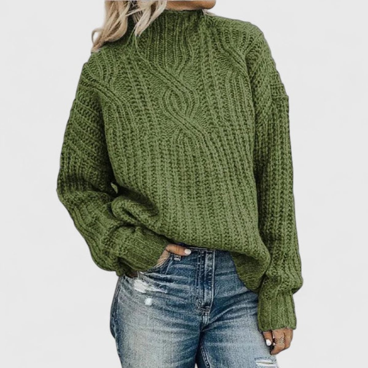 women's cable knit mock neck pullover sweater in green