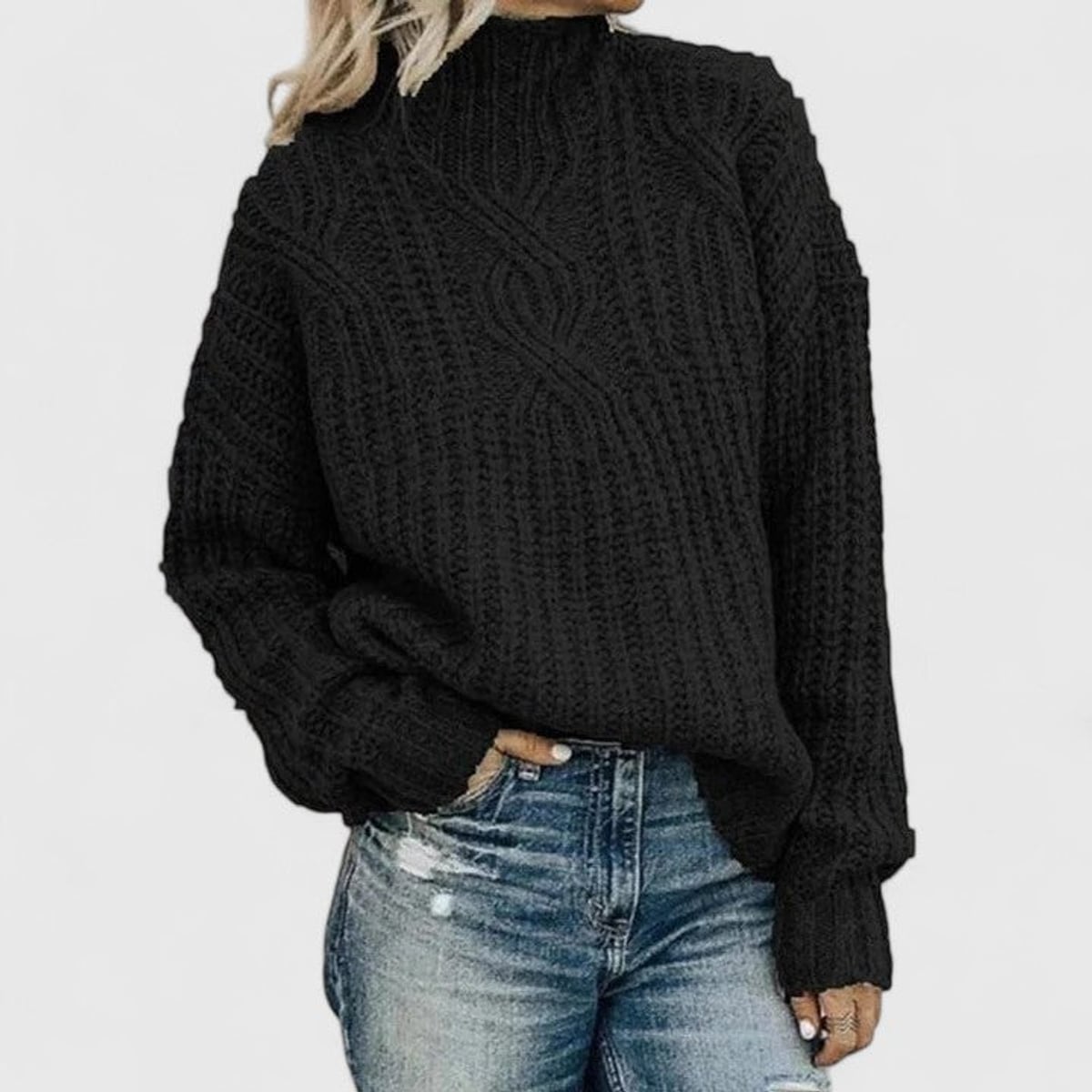 women's cable knit mock neck pullover sweater in black