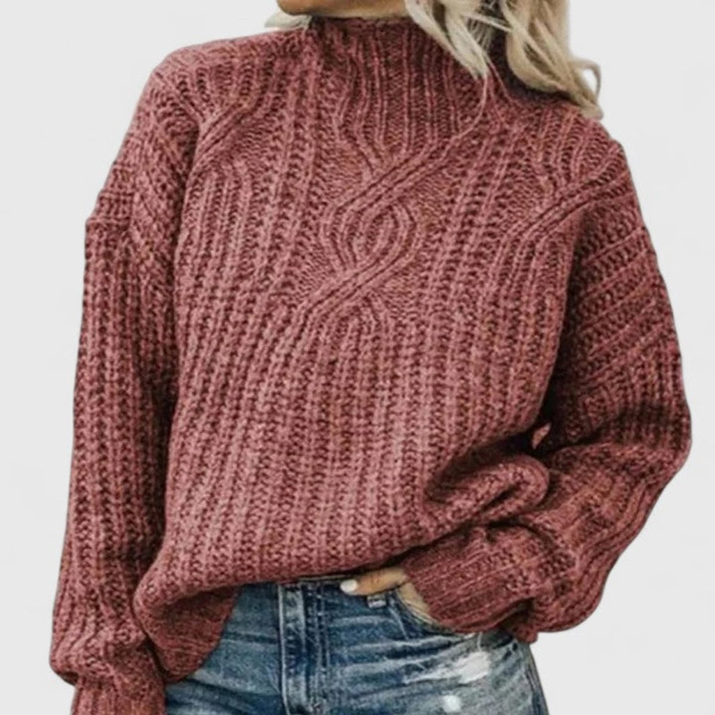 women's cable knit mock neck pullover sweater in pink