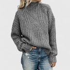 women's cable knit mock neck pullover sweater in gray