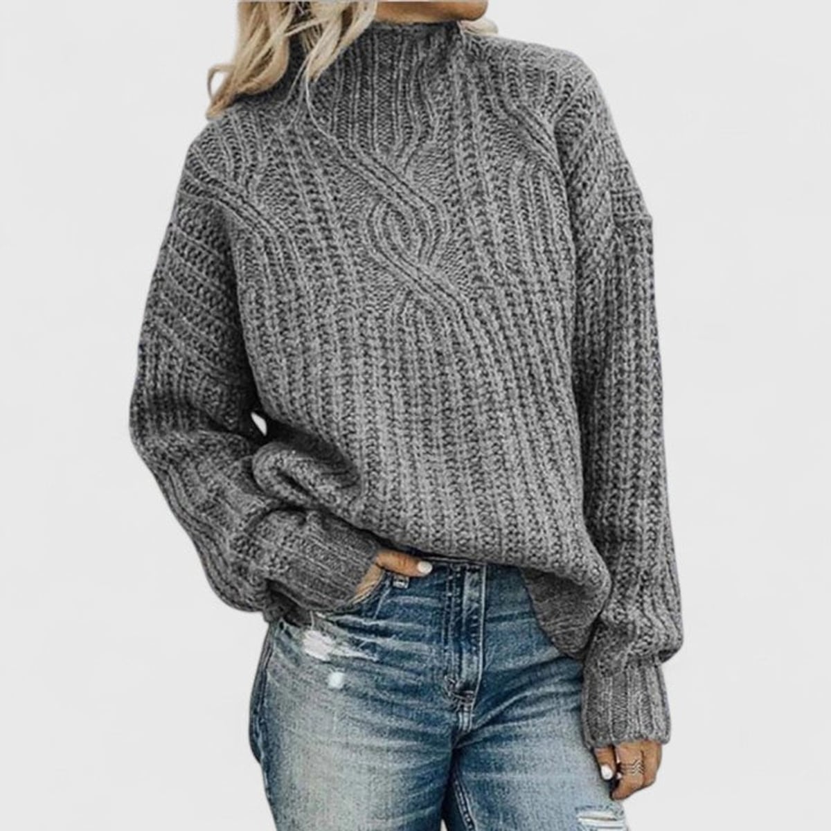 women's cable knit mock neck pullover sweater in gray