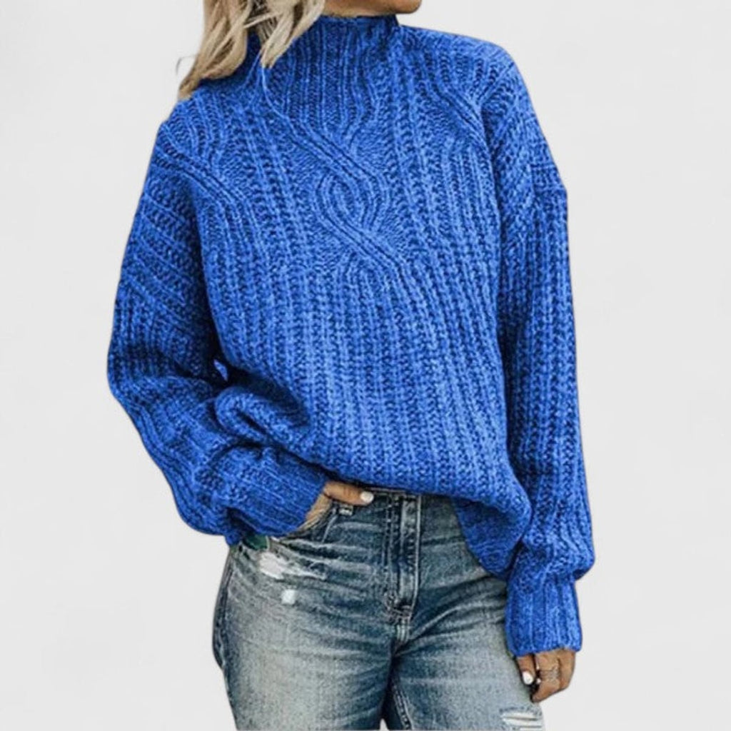 women's cable knit mock neck pullover sweater in blue