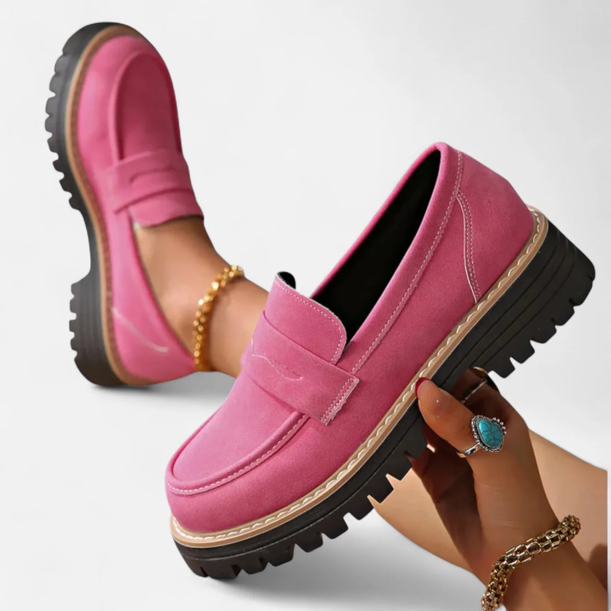 women's chunky sole penny loafers in pink