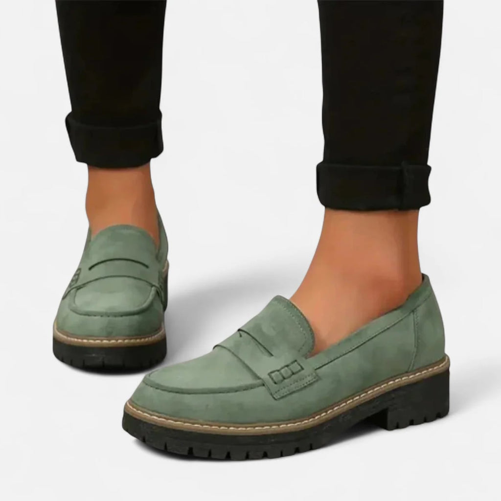 women's chunky sole penny loafers in green