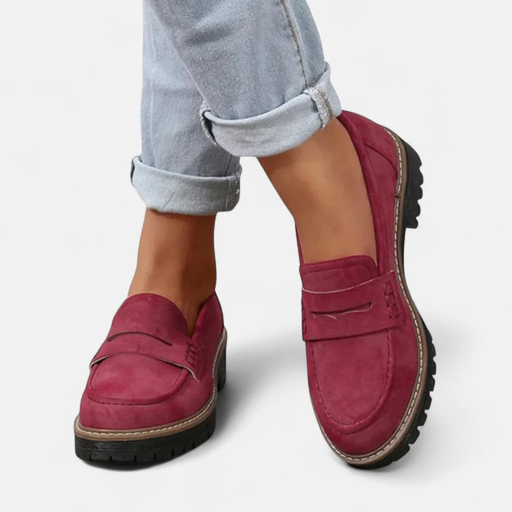women's chunky sole penny loafers in red