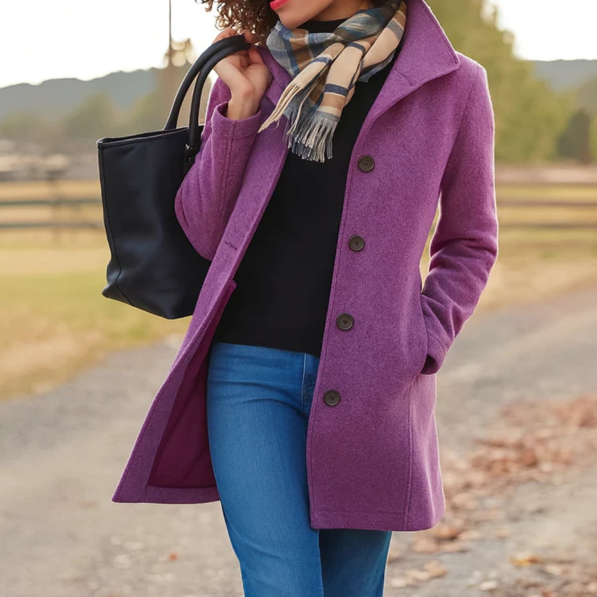 women's classic button-front winter coat in purple