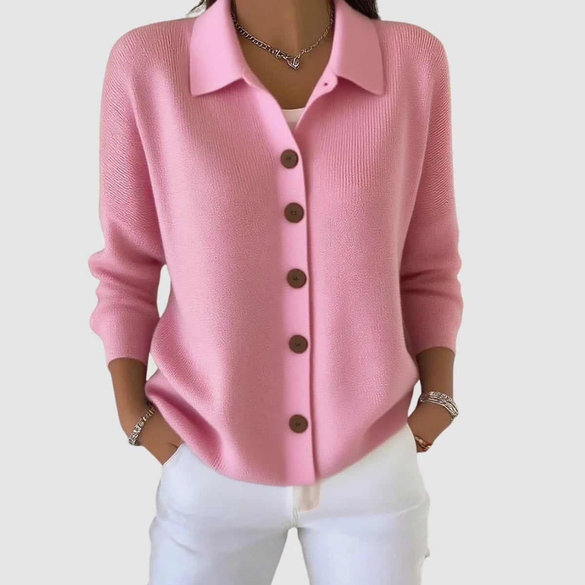 women's collared button-front cardigan sweater in pink