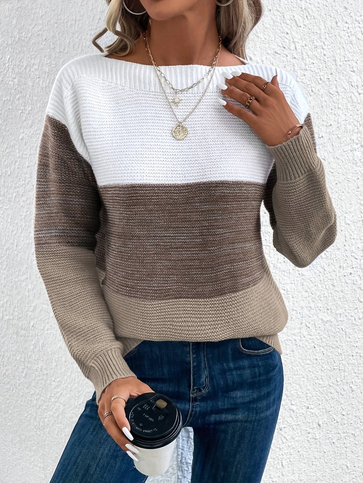 women's colour block drop shoulder sweater in brown