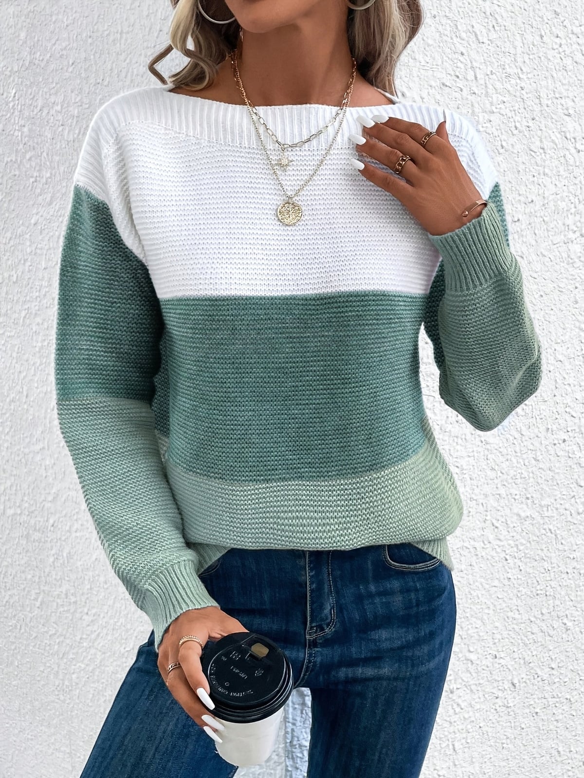 women's colour block drop shoulder sweater in green