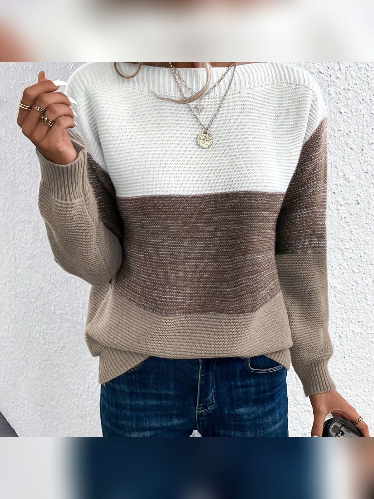 women's colour block drop shoulder sweater in brown