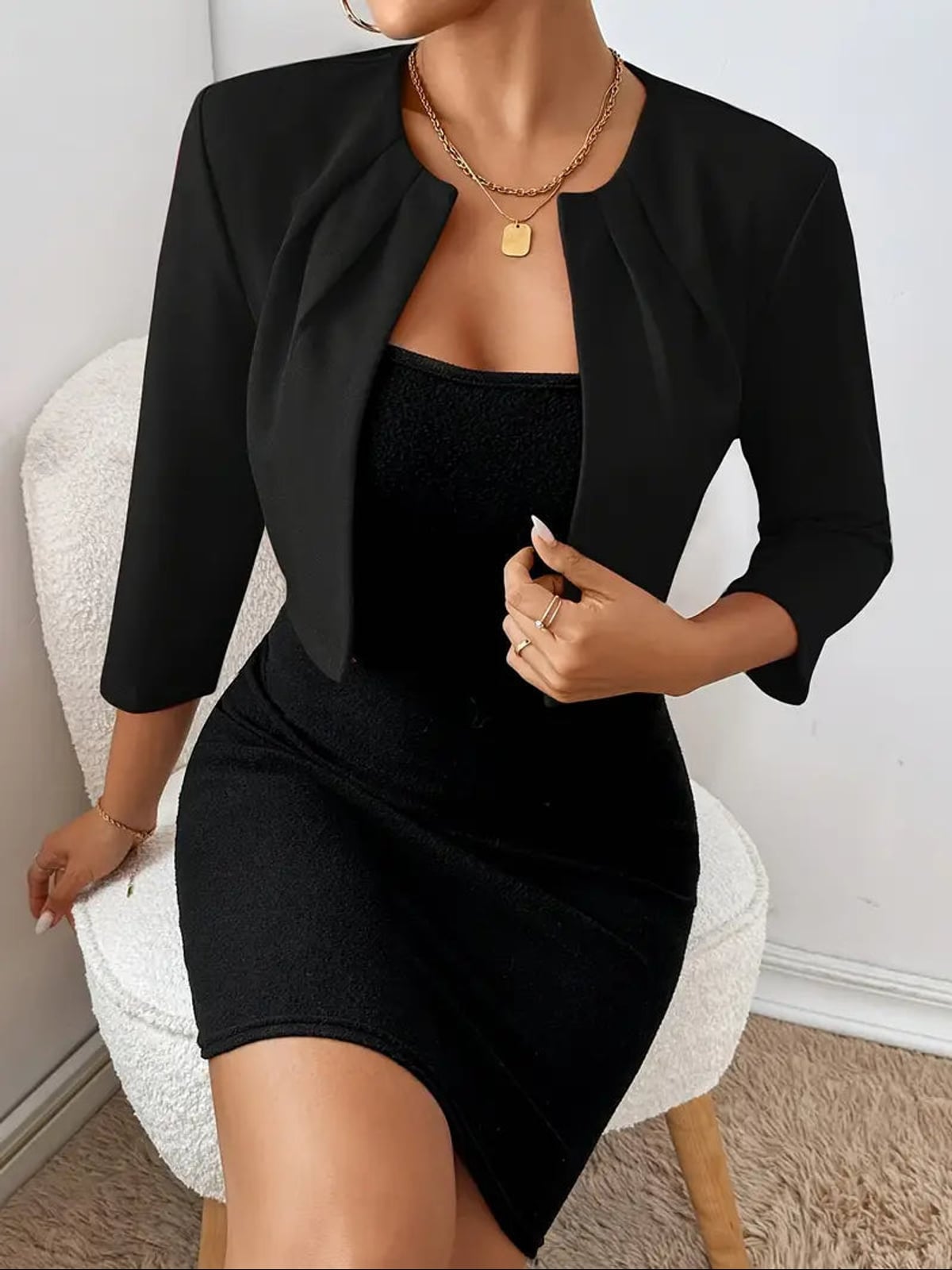 women's cropped collarless blazer jacket in black