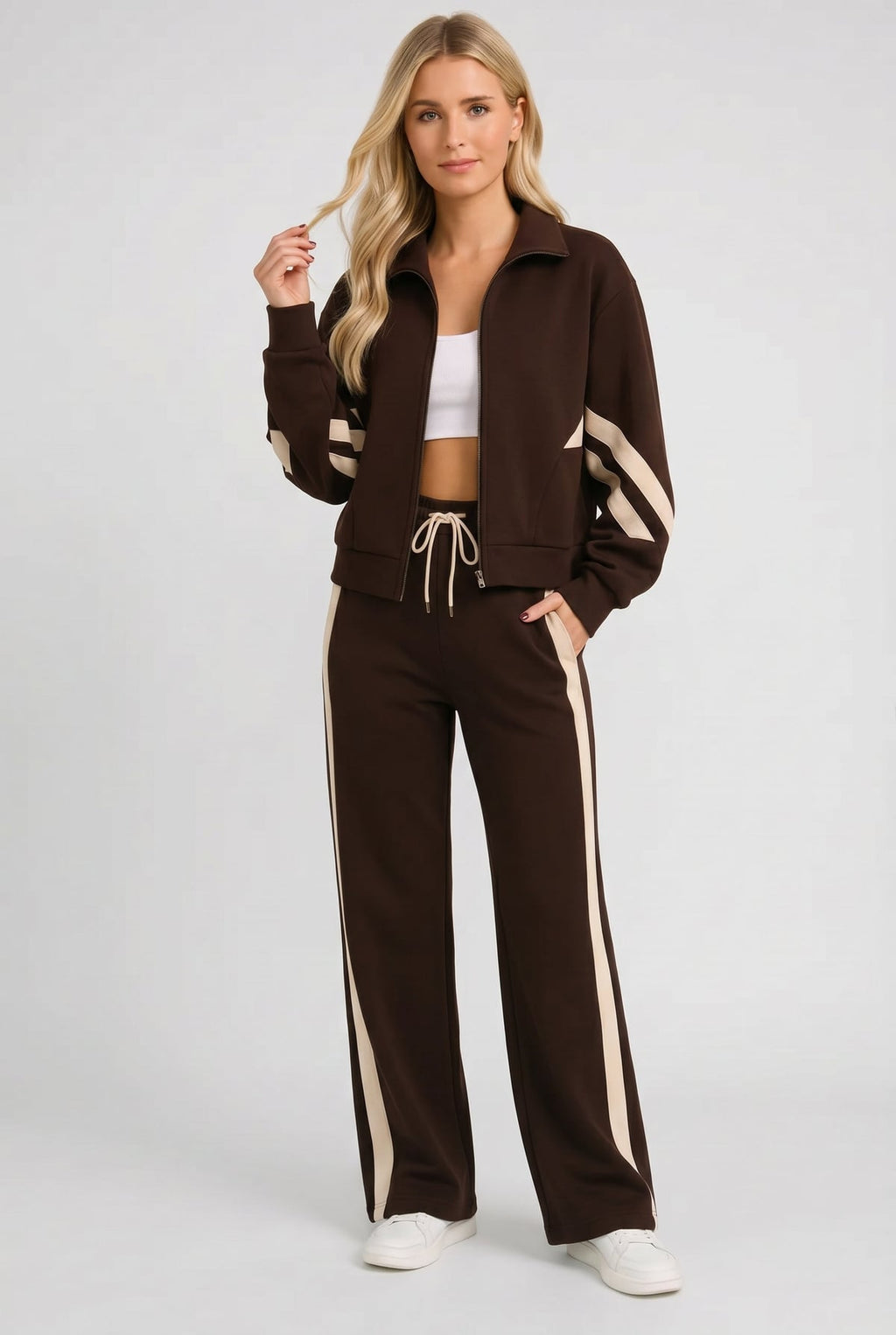 women's cropped zip-up track jacket in brown