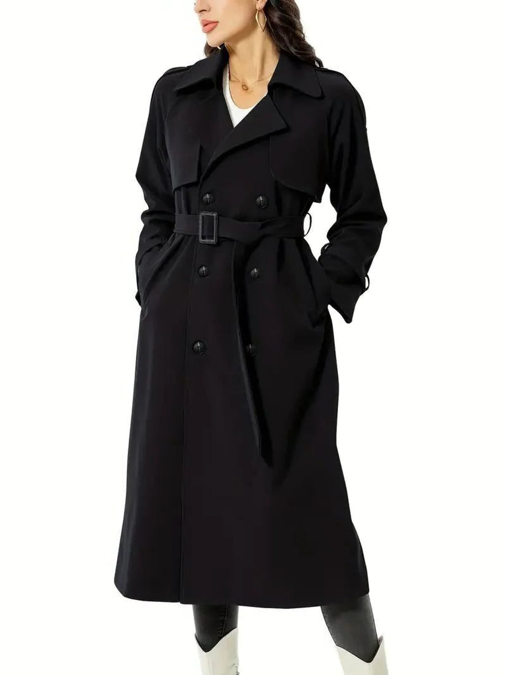 women's double-breasted trench coat in black