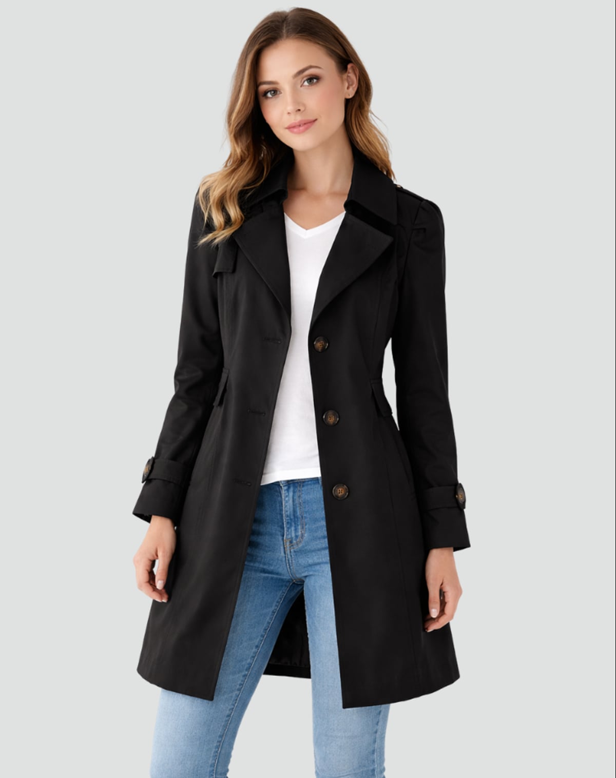 women's double breasted trench coat in black