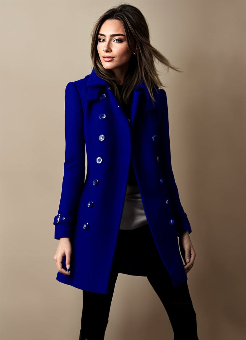 women's double breasted winter coat in blue
