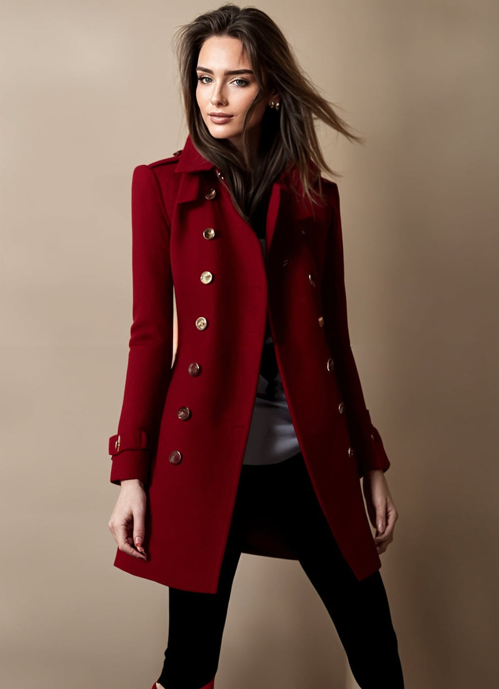 women's double breasted winter coat in red