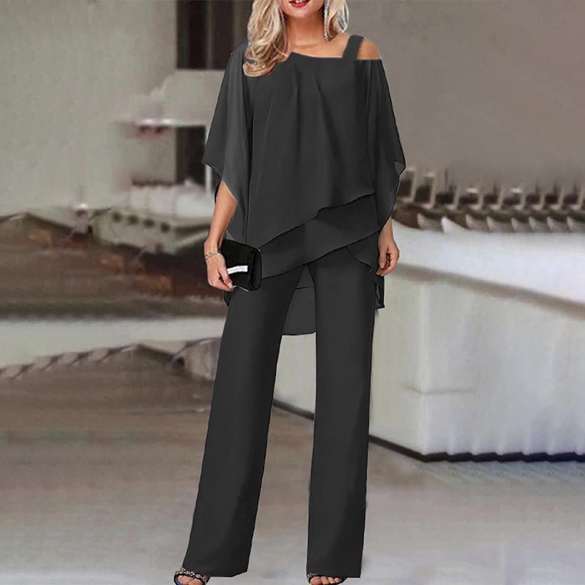 women's dressy cold shoulder jumpsuit in black
