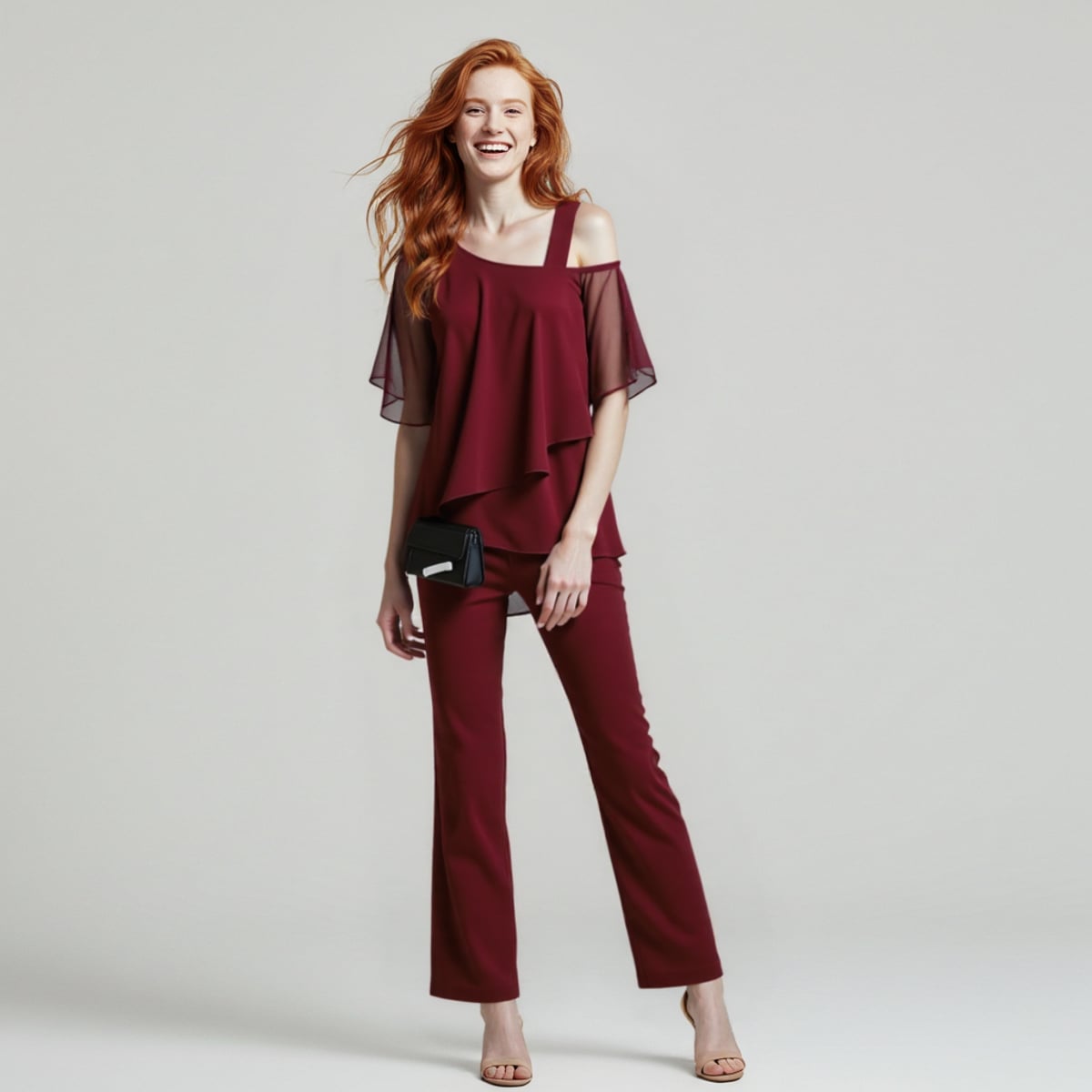 women's dressy cold shoulder jumpsuit in burgundy