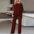 women's dressy cold shoulder jumpsuit in burgundy