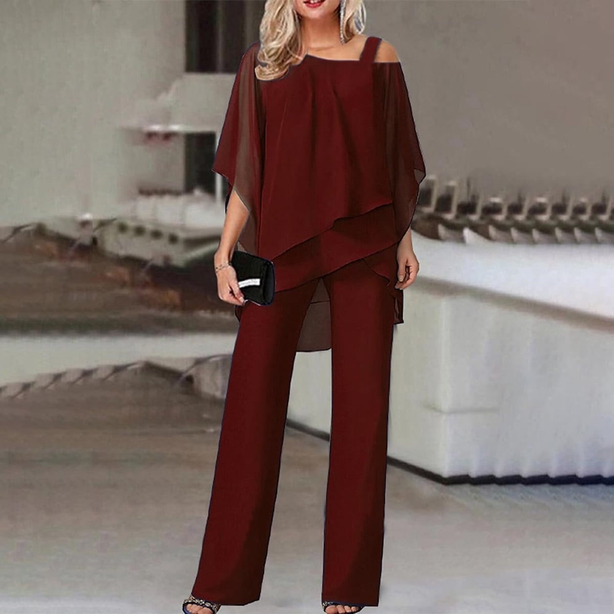 women's dressy cold shoulder jumpsuit in burgundy